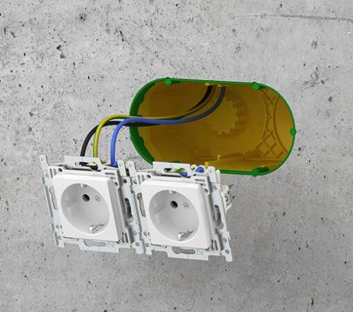 Kaiser 1269-01 B¹ sorolható dupla (mély) Ø 2×60 mm szerelvény- és kötődoboz beton oldalfalazatba