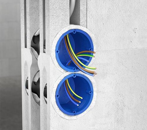 Kaiser 1569-01 hangszigetelt süllyesztett sorolható kerek szerelvénydoboz tégla falazatba - 56dB csillapítás