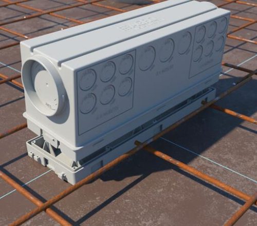 Kaiser 9914.10 1-es 326×104×118 mm nagyméretű sorolható központi leágazó födémsáv / kötődoboz beton falazatba és mennyezetbe