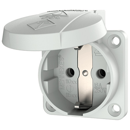 KIFUTÓ TÍPUS - helyettesítő termék a leírásban - MENNEKES 11010 csapfedeles háztartási (Schuko) beépíthető dugalj 16A 2P+E 230V világosszürke IP44 - csavarmentes
