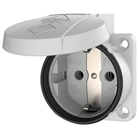 MENNEKES 11330 csapfedeles háztartási (Schuko) beépíthető dugalj gumis peremmel 16A 2P+E 230V világosszürke IP54 - csavaros