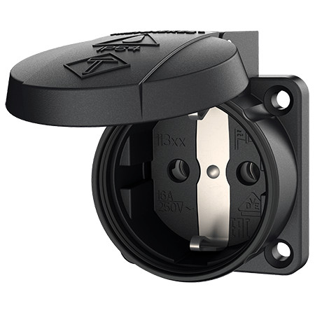 MENNEKES 11332 csapfedeles háztartási (Schuko) beépíthető dugalj gumis peremmel 16A 2P+E 230V fekete IP54 - csavaros