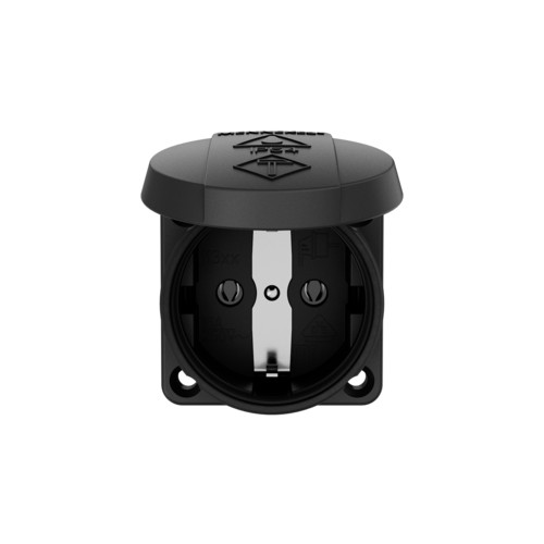 MENNEKES 11332 csapfedeles háztartási (Schuko) beépíthető dugalj gumis peremmel 16A 2P+E 230V fekete IP54 - csavaros