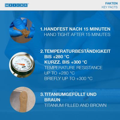 Weicon Repair Stick Titanium - Titán töltetű kétkomponensű javítógyurma 57g - kopás- és hőálló - lassú kötésidő