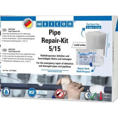 Weicon Pipe-Repair Kit 5/15 - vízre aktiválódó üvegszál erősített önvulkanizáló javítószalag és 2-k gyurma - NSF - fehér