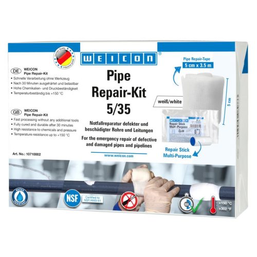Weicon Pipe-Repair Kit 5/35 - vízre aktiválódó üvegszál erősített önvulkanizáló javítószalag és 2-k gyurma - NSF - fehér